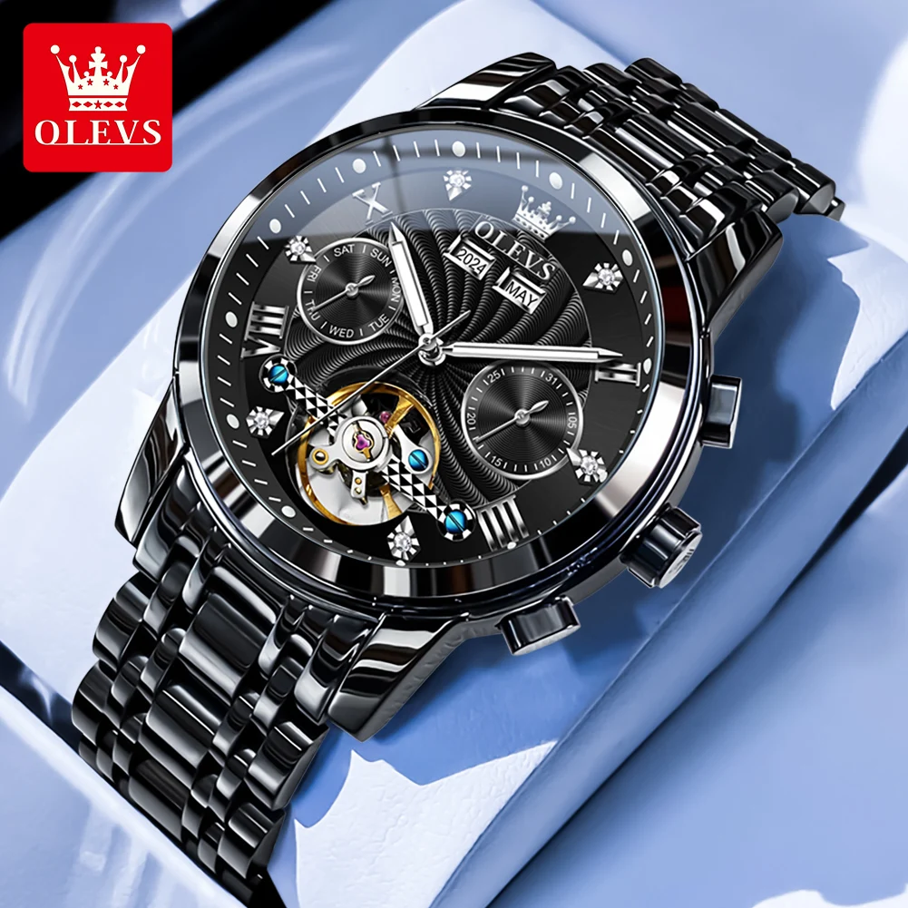 

OLEVS 7088, автоматические механические часы, мужские высококачественные черные многофункциональные мужские наручные часы с хронографом из нержавеющей стали