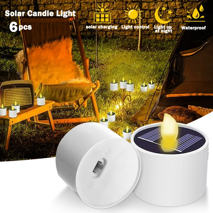 

6 шт. светодиодный солнечный чайный светильник, уличная водонепроницаемая свеча, беспламенные солнечные фонари, свечи с питанием от солнечного света, лампа для вечеринки, садового декора