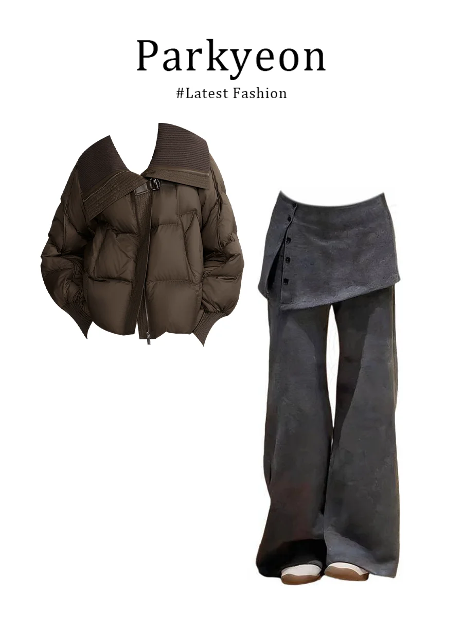 

Parkyeon Women's Deep Coffee Knitted Short Cotton Jacket Loose Fit Turn-down Collar Winter Coat New Arrival Bread Style