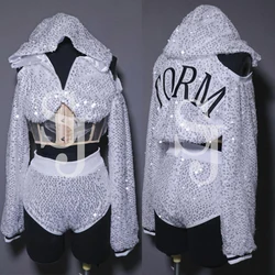 Fashion Singer Group Kpop Stage Outfits White Sequins Jacket Shorts Women'S Jazz Dance Costume Hiphop Gogo Dancer Wear XS7009