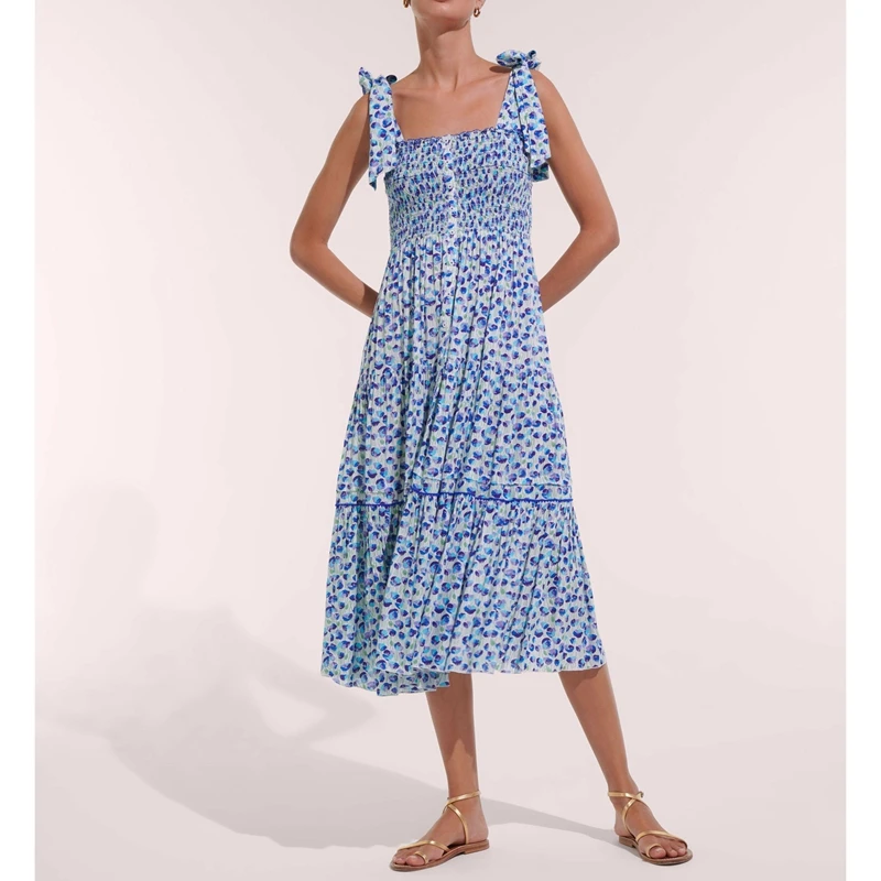 Feminino verão multi-way vestindo alças largas arco amarrado smocked botão para baixo floral flowy a linha tanque vestido longo