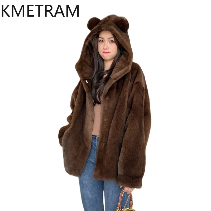 KMETRAM-Chaqueta de piel de visón natural para mujer, 100% de terciopelo morado, bonito abrigo corto de piel de visón auténtica con capucha, ropa de invierno para mujer, 2025
