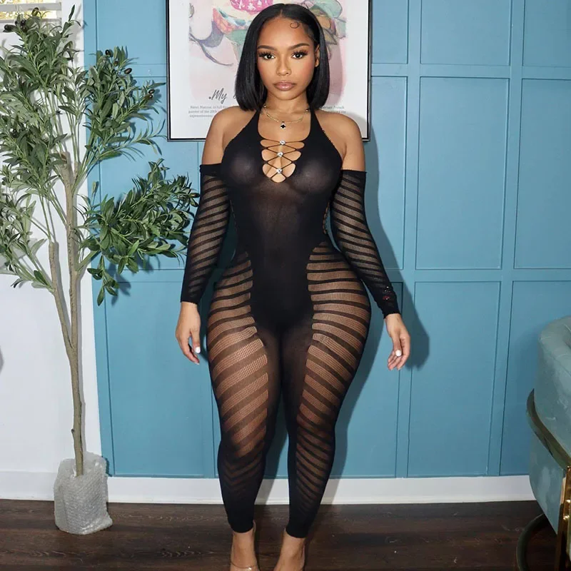 

Sexy Off Shoulder Halter Backless Mesh Jumpsuit Women Long Sleeve Skinny Stretchy See-through Party Night Club Romper Catsuit