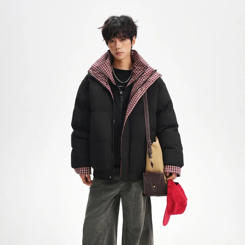 

Men Plaid Fake Two-Piece Jacket Unisex Stand Collar Thickened Winter Coat Coat Bread Casual Youth Faion Warm Outerwear Parka