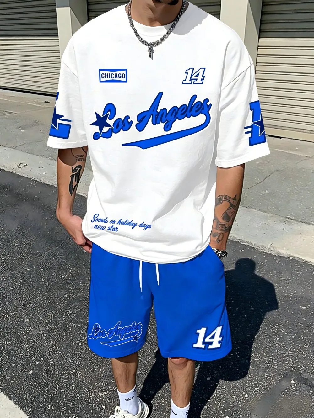 

Fashionable Men's Summer Gothic Letter Printed Comfortable Breathable Round Neck T-shirt Drawstring Shorts Outdoor Casual Set