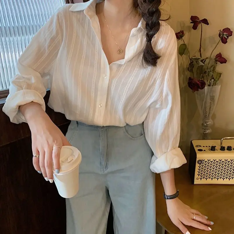 Elegant White Long Sleeve Women's Shirt Spring 2023 New Design Dark Stripe Versatile Fashionable  Collar Casual Top