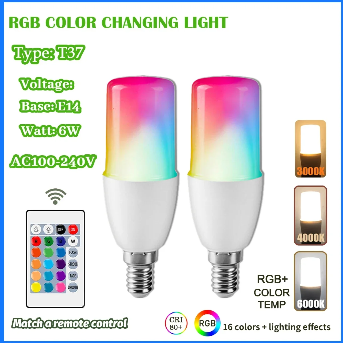 1-10PCS T37 6W RGB LED Bulb E14 24Key Remote 16 Colors Dimmable AC100-240V Color Changing Light for Bedroom Living Room