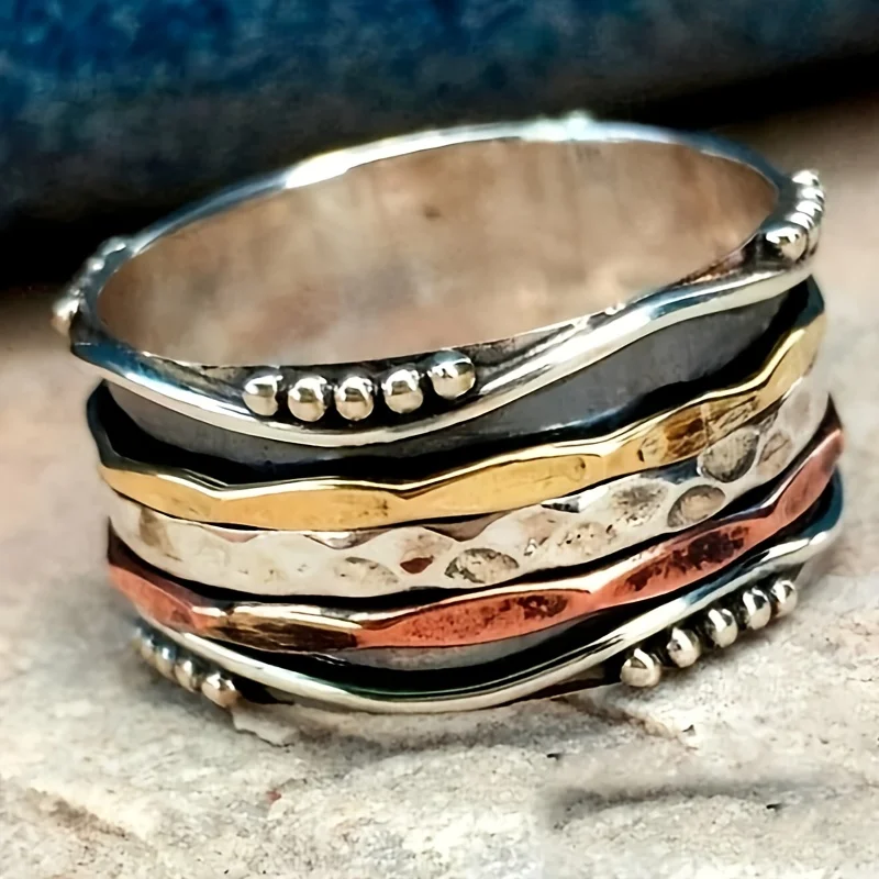 Retro Bohemian-Style Mehrfarbiger Metall-Ring mit Gestapelten Schichten und Textur für Frauen Tägliches Tragen Party-Schmuck Geschenke