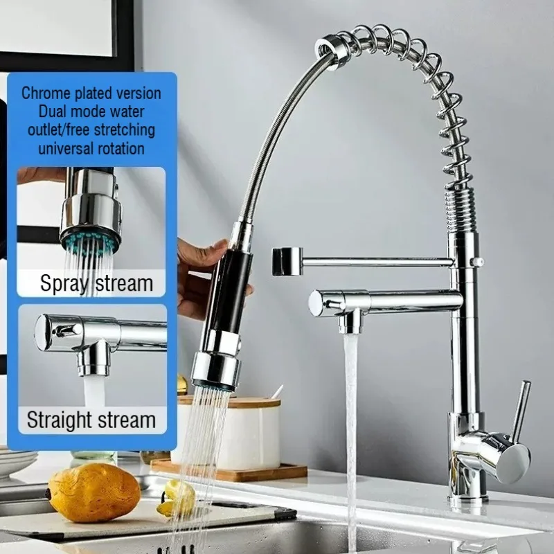 Spring Dual-Purpose Pull-Out Kitchen Faucet Rotatable Dual Water Outlet Anti-Splash Hot/Cold Water Faucet for Stove Countertop