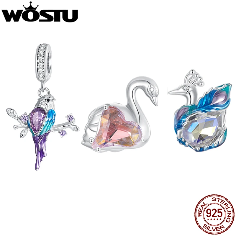 WOSTU 925 Sterling Silver Colorful Kingfisher Charm Pendant Pink Crytal Swan Peacock Bead Fit DIY Bracelet Necklace Jewelry Gift