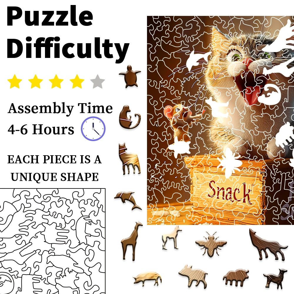 "Puzzle en bois chat exquis coloré |   Jeu de taquinerie dans une boîte cadeau en bois élégante • Parfait pour les vacances, les anniversaires et les anniversaires