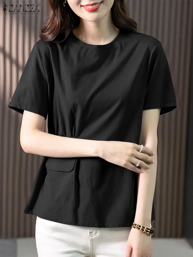 ZANZEA Women Summer Blouse Korean Fashion Short Sleeve Round Neck Tunics Casual Pleats Waisted Tops Casual Simple 2024 Blusas