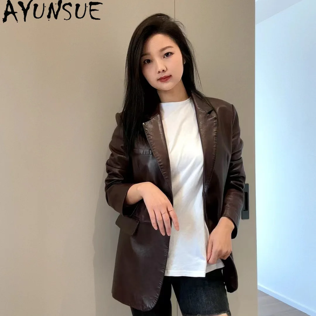 AYUNSUE Echt Leder Jacke Frau Schaffell Frauen Mäntel Frühling Herbst Frauen Kleidung 2025, Mid-länge Anzug Mantel Jaqueta de Couro