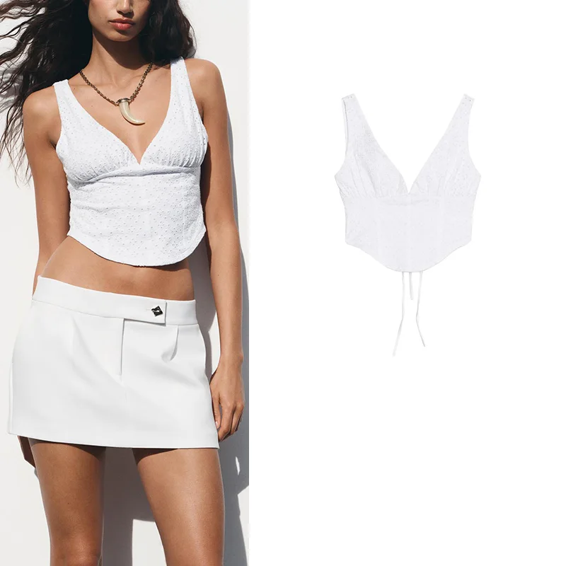 Summer New Women's  Knot Decorated V-ne Hollow Embroidery Slim Wide oulder Strap Top Lace ular Elements All-m...