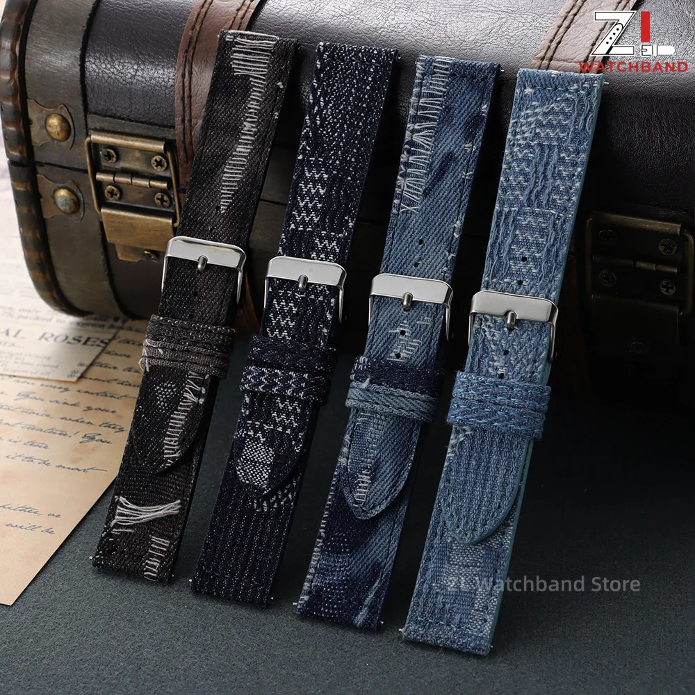 Vintage Distressed Denim Straps 18mm 20mm 22mm Universal Watch Band for Seiko for Omega for Huawei Washed Denim Frayed Bracelet