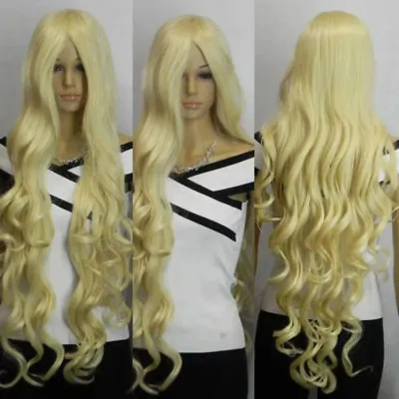 

Super 39”inch Long Light Blonde Wavy cosplay synthetic hair wig With Bangs