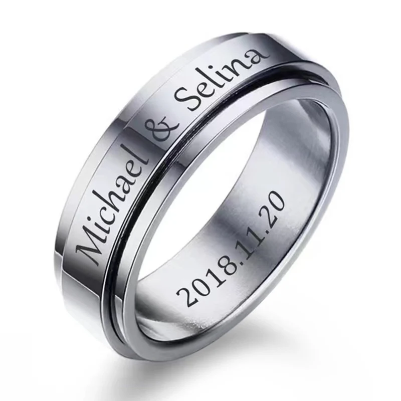 

Personalized Spinner Ring for Men Women 6mm Stainless Steel Rotatable Wedding Band Custom Name Date Initial Male Tail Ring