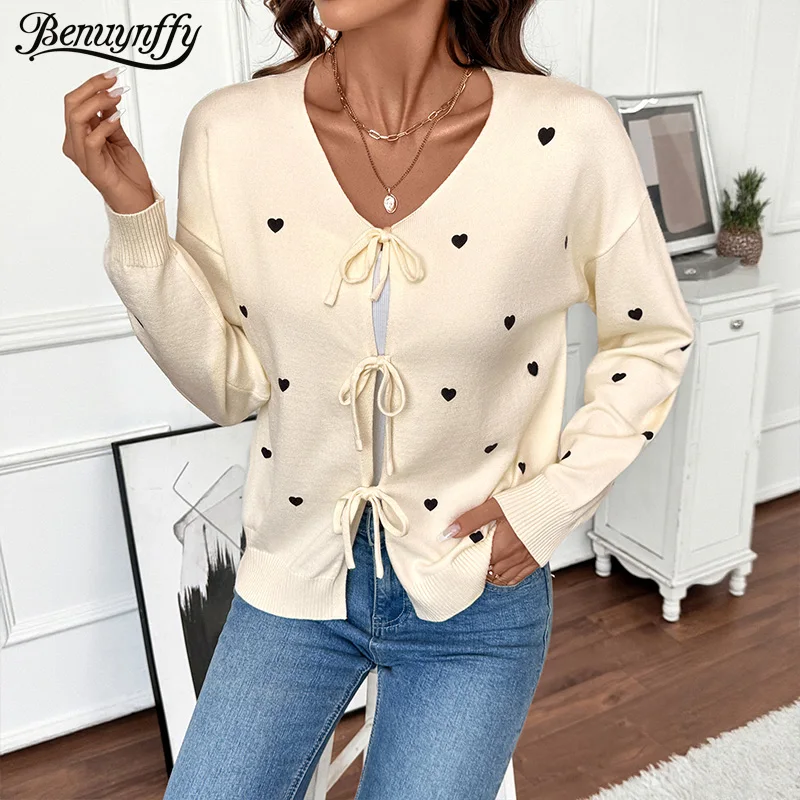 

Benuynffy Heart Pattern Lace-up Cardigan Sweater Women 2025 Autumn and Winter Sweet Casual Long Sleeve Knitted Coat Female