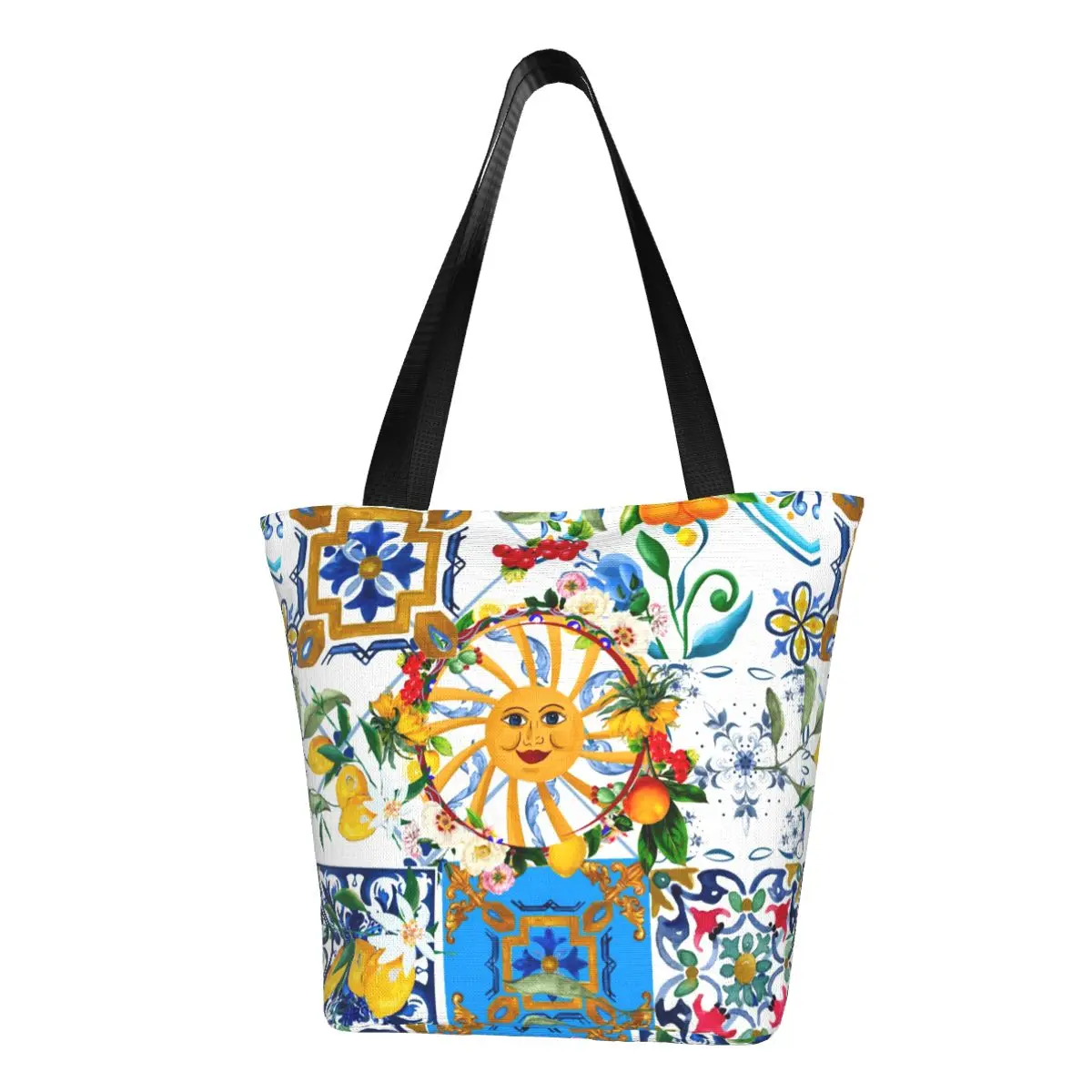 Custom Fashion Sicilian Tiles Lemons Citrus Mediterranean Style Shopping Tote Bag Reusable Groceries Canvas Shopper Shoulder Bag