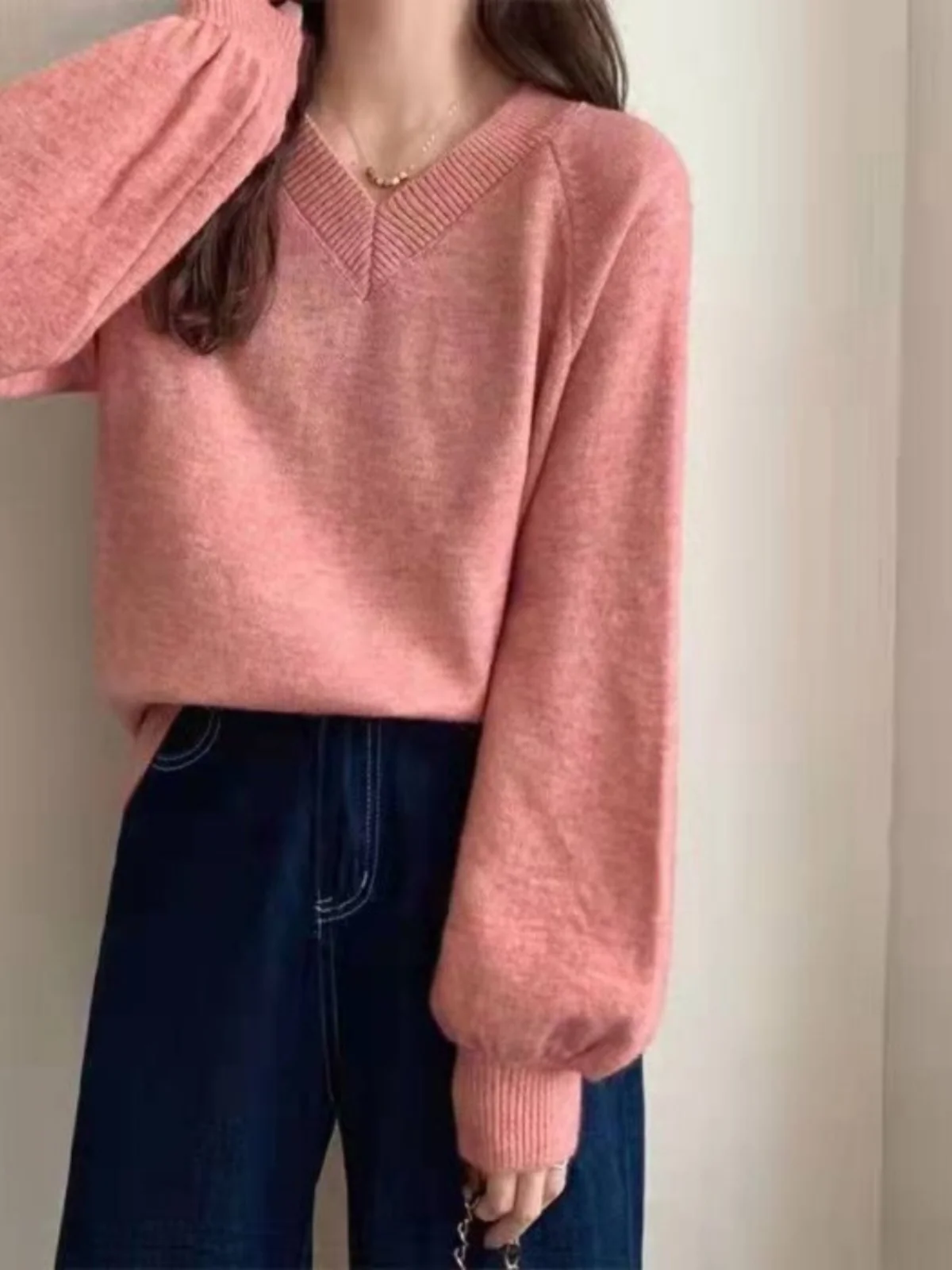 Chic V-Ne Pullover Knitwear Bubble Sve Loose Women's Sweater Spring Autumn New Sle Comfortable Pure Color Outerwear