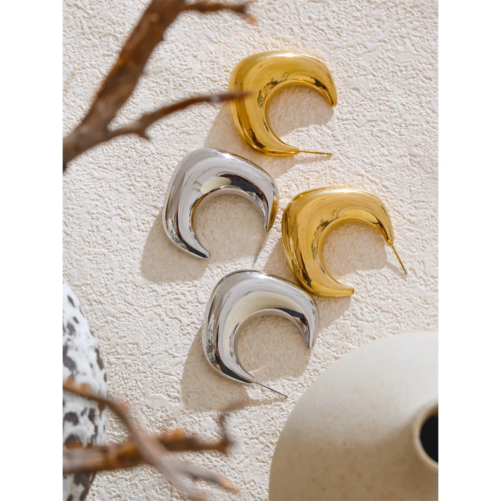 Yhpup 2025 New Minimalist Smooth Stainless Steel Metal Chunky C-Shape Huggie Earrings Hot Style Daily Attractive Jewelry Gift