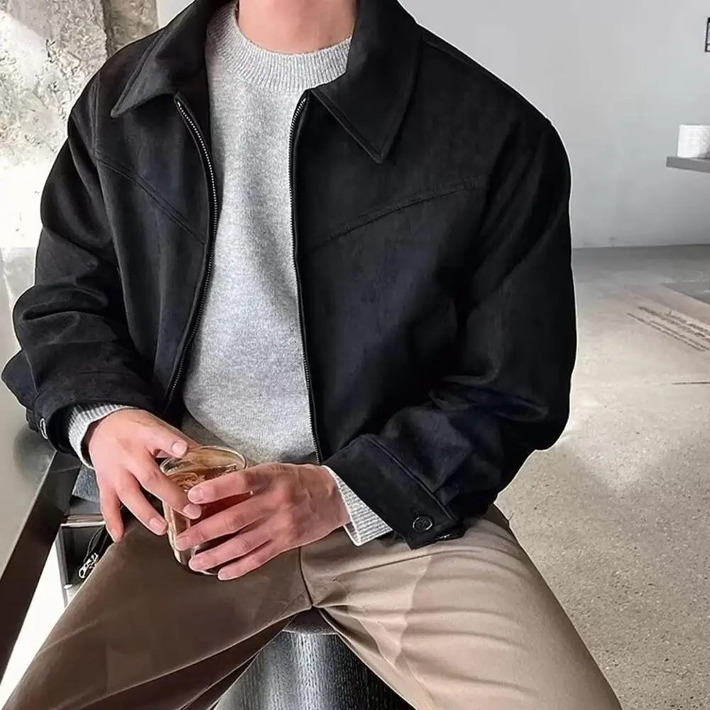 Men Short Jacket Lapel Long Sleeve Zipper Closure Solid Color Design Coat with Side Pockets Short Style Outwear