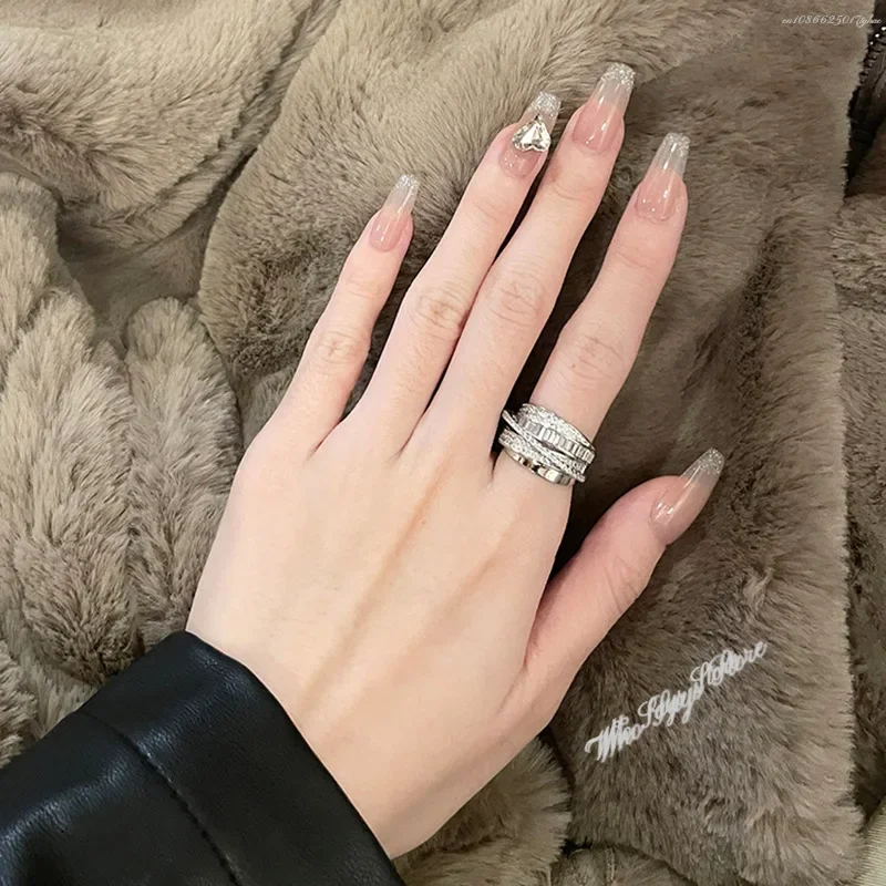 Korea New Fashion Jewelry Exquisite Silver Color Zircon Ring Elegant Women\'s Opening Adjustable Wedding Gift Luxury Accessory