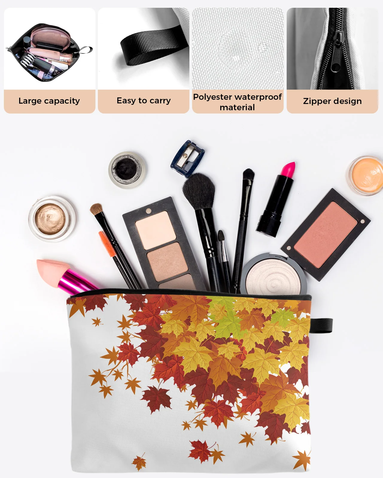 Autumn Maple Leaves Gradient Makeup Bag Pouch Travel Essentials Lady Women Cosmetic Bags Toilet Organizer Storage Pencil Case