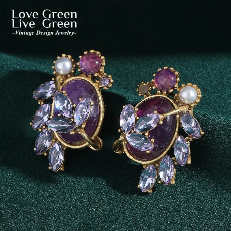 

Vintage Pearl Glass Purple Earring Stud Orchid Clover Gold Color Crystal Leaf Quality Luxury Designer Gifts Jewelry For Women