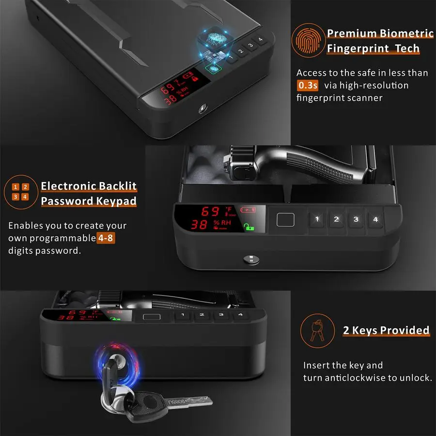 Gun Pistol Safe with LCD Display of Temp,Humidity,Biometric Fingerprint,Keypad Lock,Key,Biometric Handgun Safe for Travel Home C