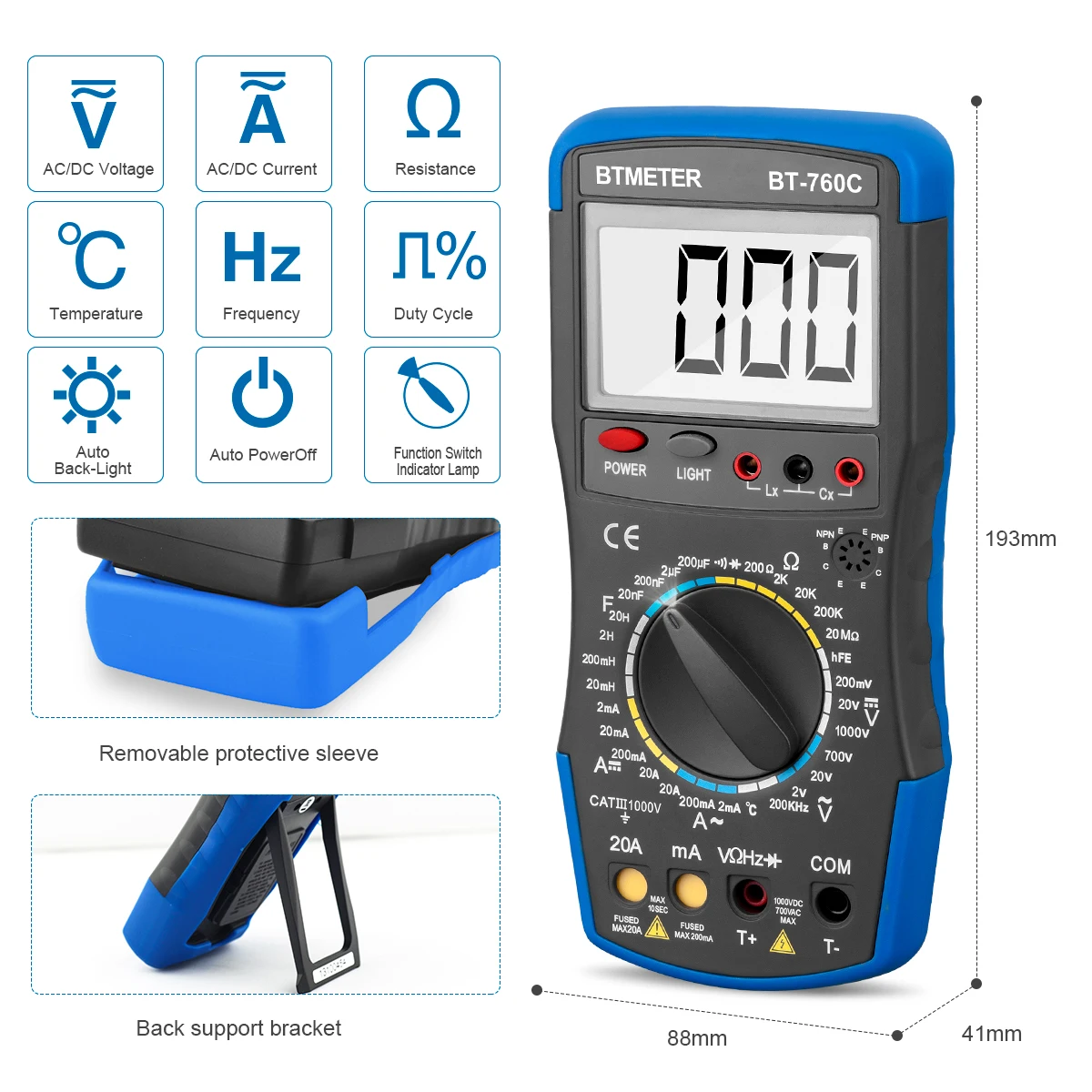 BT-760C Digital Multimeter Capacity Inductance DC/AC Voltage Test Temperature DC/AC voltage,DC/AC current,resistance,capacitance