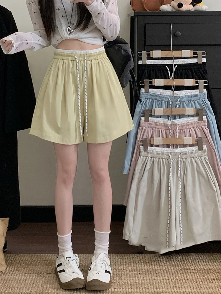 

Повседневные женские брюки с эластичной резинкой на талии лета 2025 года, утягивающие широкие короткие брюки с высокой талией, свободный крой и цветными блоками