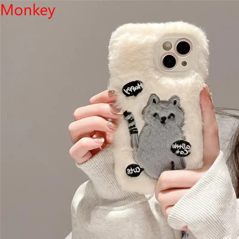 Étuis de téléphone moelleux de chat mignon coréen pour iPhone, couverture de broderie de dessin animé pour fille, coque d'hiver en peluche douce, 11, 12, 13, 14, 15 Pro Max