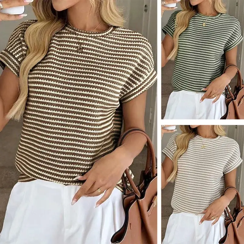 

Women's Casual Loose Striped T-Shirts Relaxed Fit round Neck Cleanfit Style Synthetic Fiber A-Line Sleeve Shirt
