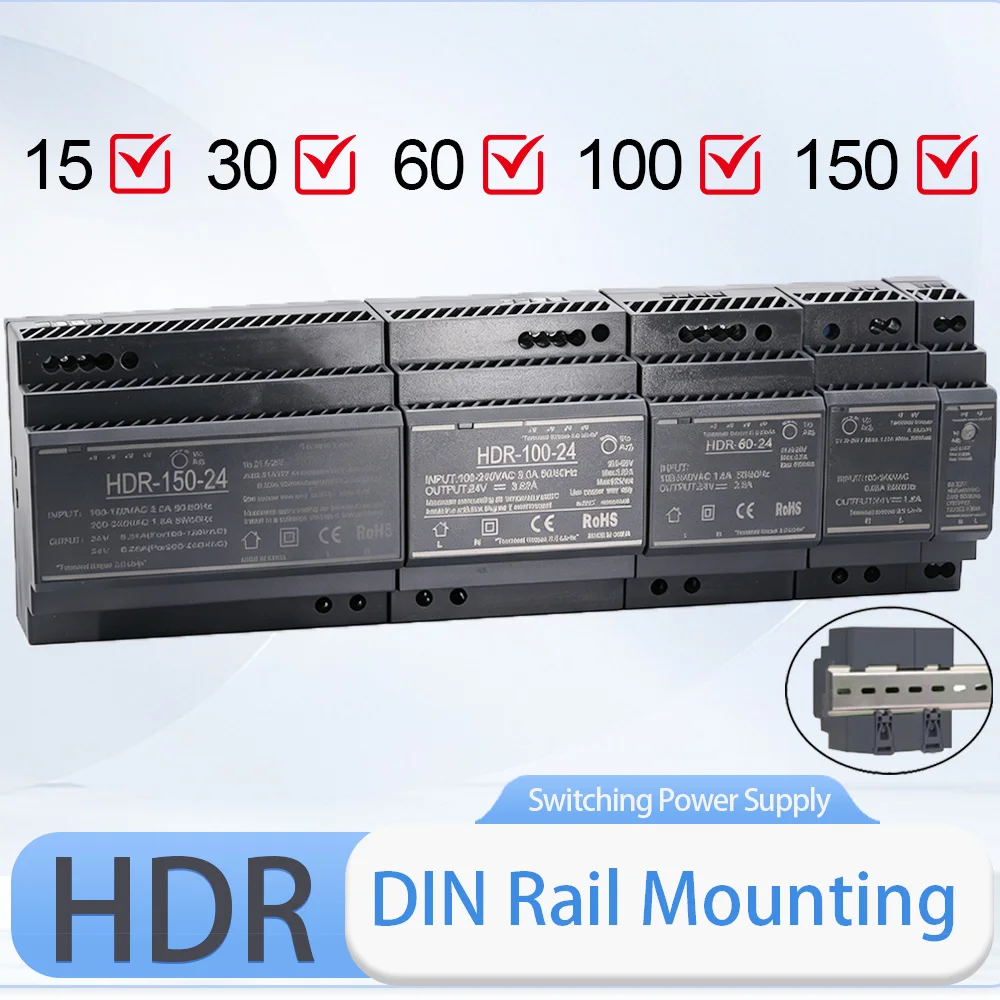 HDR-Serie DIN-Schienen-Schaltnetzteil 100-240VAC 15W 30W 60W 100W AC zu DC Spannung 5V 12V 24V 48V 0-7,1A SMPS