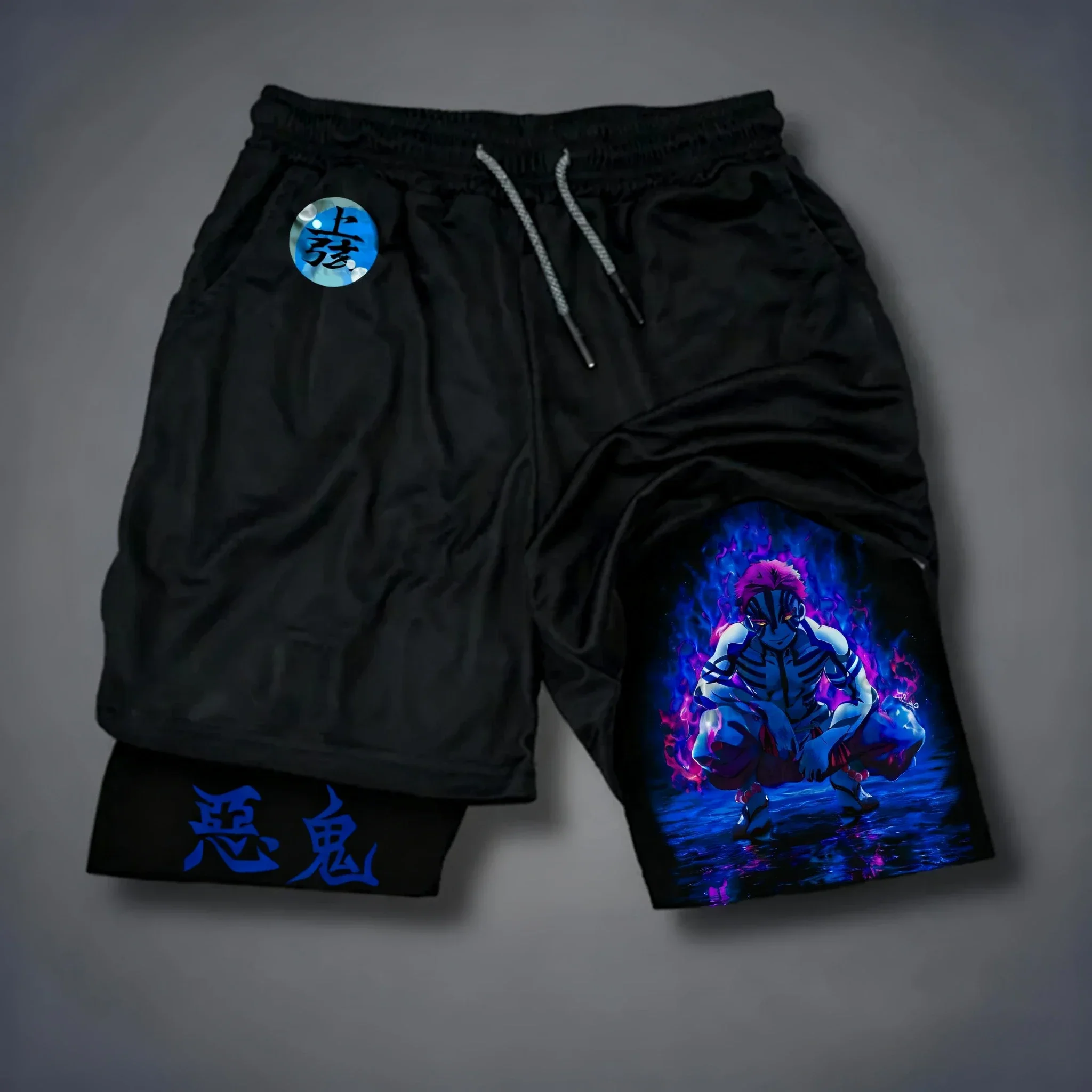 شيطان القاتل أنيمي طباعة السراويل مزدوجة الطبقات 2025 الصيف الأمريكية اللياقة البدنية الرياضة السراويل فضفاضة للرجال والنساء Ins #4