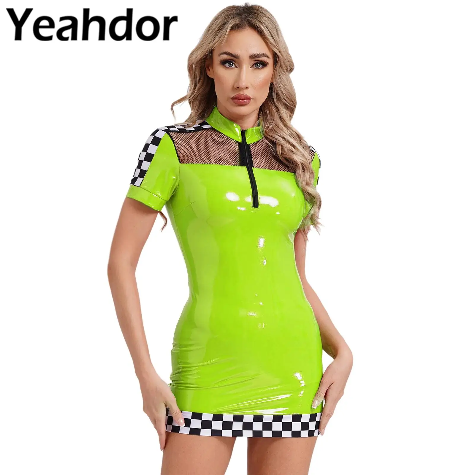 Womens Racer Racing Race Car Driver Costume Bodycon Mini Dress PVC Leather Wet Look Bodycon Roleplay Dress for Party Clubwear