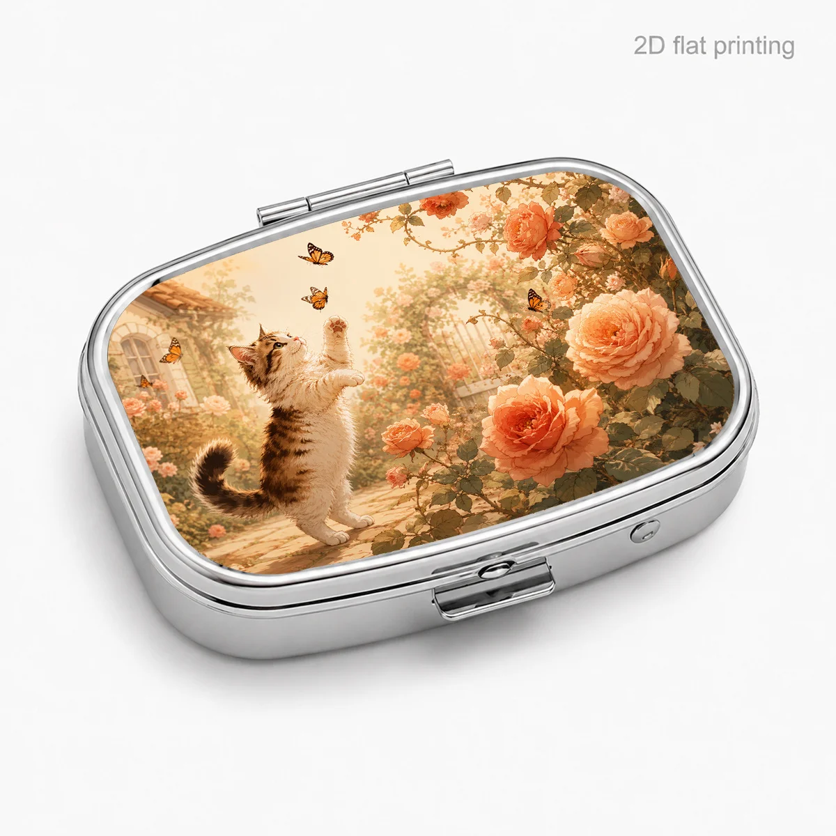 Pill Box with Illustration of Cat Dancing with Rose Petals, Gentle Garden Moment - Compact Jewelry Box - Small Items - Vitamin Storage Box - Elegant and Exquisite - Delicate Small Gift - Suitable for Long Trips - Creative Trendy Gift - Essential Personal Medication Organizer.