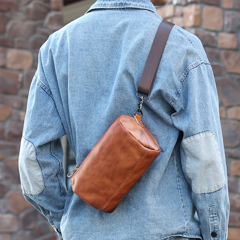 Bolsa crossbody de couro genuíno para homens, couro bronzeado vegetal, camada masculina de bandana