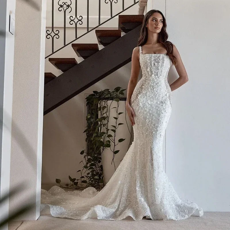 Flavinke Customized Lace Mermaid Wedding Dresses Spaghetti Straps Bridal Gowns Sleeveless Flower Sweep Train Vestido De Novias