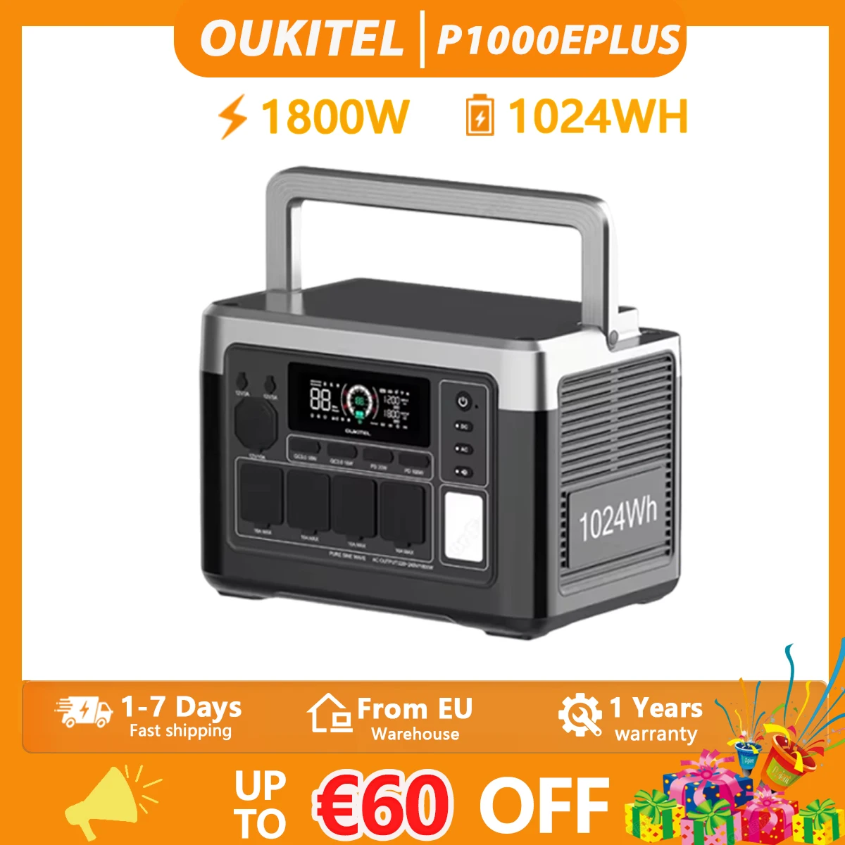 Station d'alimentation portable OUKITEL P1000 PLUS 1800W, batterie Lifepo4 1024Wh, générateur solaire, alimentation de secours pour la maison, camping en plein air, alimentation mobile