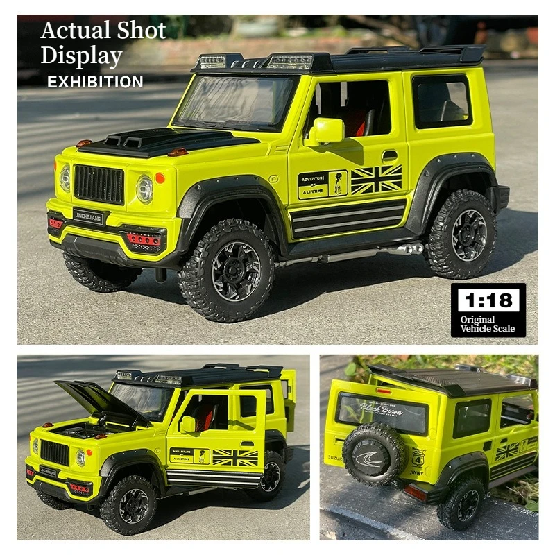 Modelo de carro em liga Suzuki Jimny 1:18 |   Ornamento grande com spray duplo, portas que podem ser abertas, função pull-back, efeitos sonoros e luminosos
