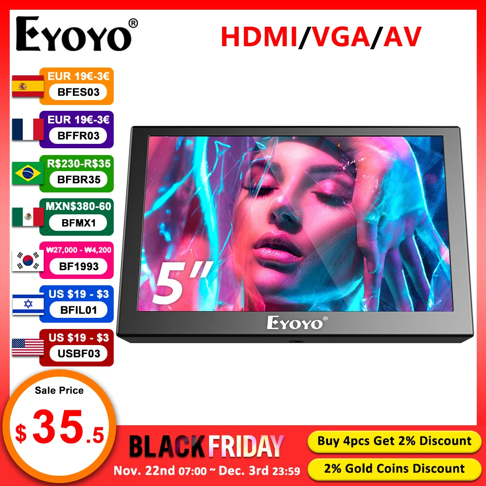 Eyoyo 5 Inch HDMI Monitor Small Portable Display 800x480 Resolution Car Rear View TFT LED Screen With HD/VGA/AV/USB Video Input