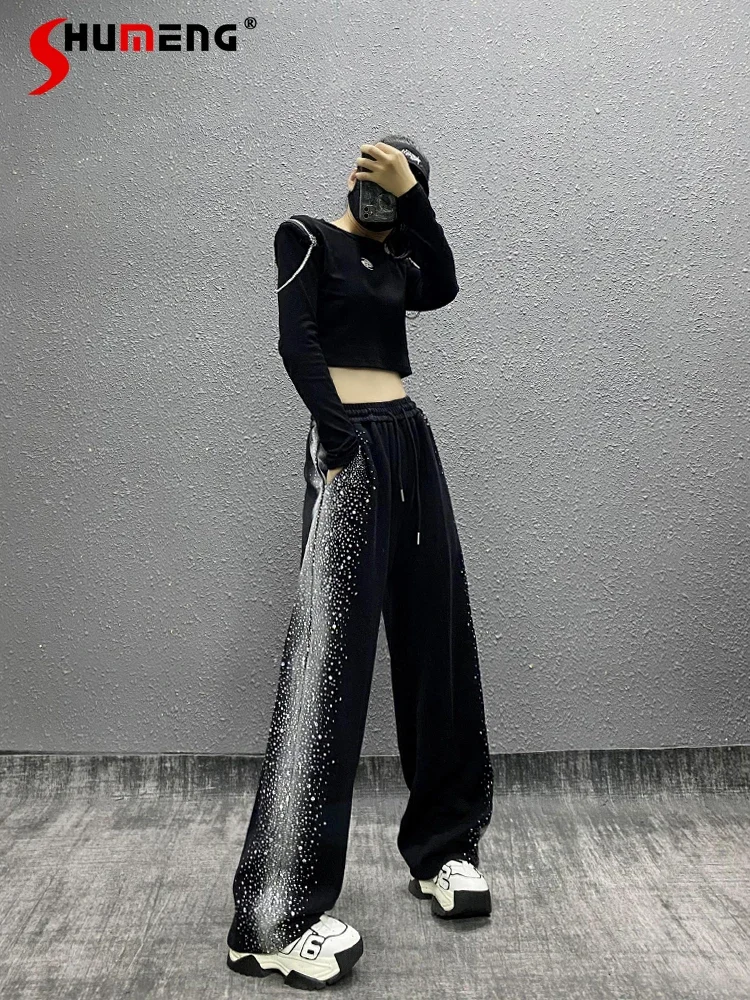 Women's Autumn New Fashion Hot Diamond Straight Leg Wide Pants Colored Sports Casual High Waist Loose Slim Versatile Trousers