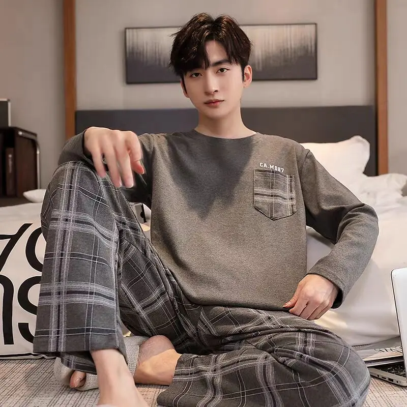L-5XL de pijamas a cuadros de algodón tejidos para primavera y otoño, conjunto de ropa de dormir de manga larga para hombre, pijamas suaves informales, ropa de casa para hombre