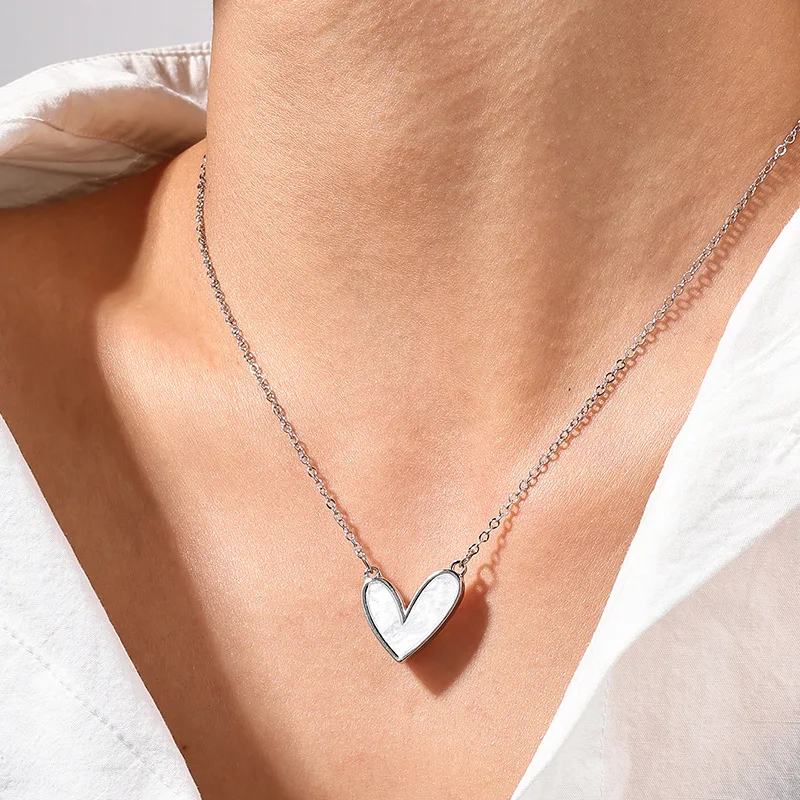 Bezel White Mother of Pearl Heart Thin O Link Necklace 316 Stainless Steel Silver Soft Shell Heart Minimal Choker