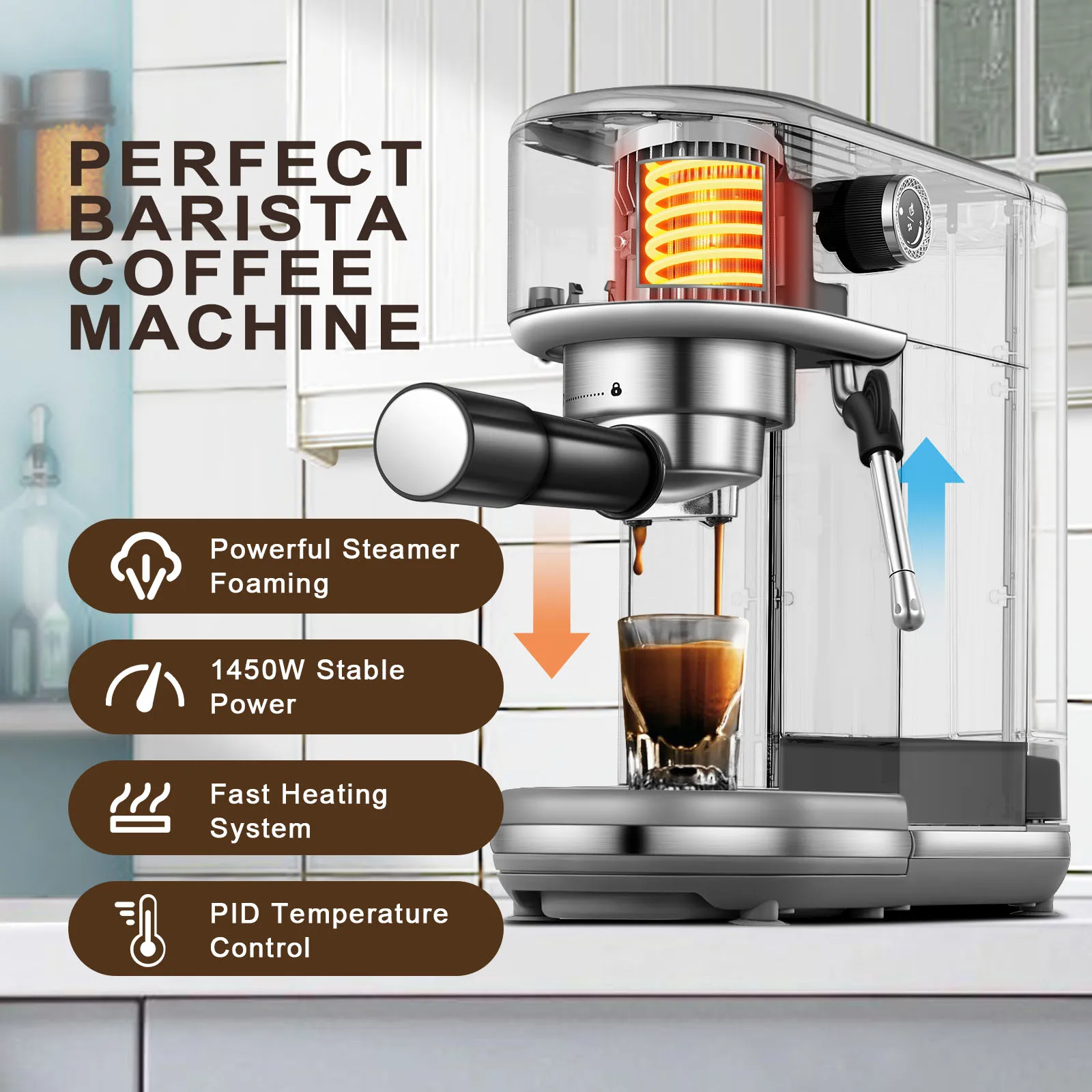 Home Espresso Machine 20Bar Coffee Espresso Marker with Steam Wand 1350W Cappuccino Latte Machine with 1.2L Removable Water Tank