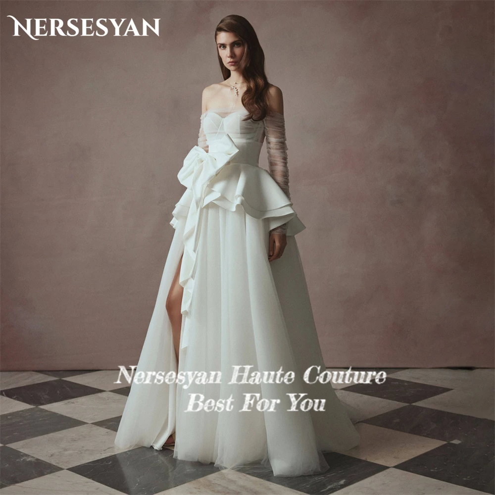 Nersesyan-Backless Off Shoulder Vestidos De Casamento, Arco A-Line, Ruffles, Side Slit Plisses, Vestidos De Noiva, Pure Backless, Vestido De Noiva De Luxo, 2 em 1