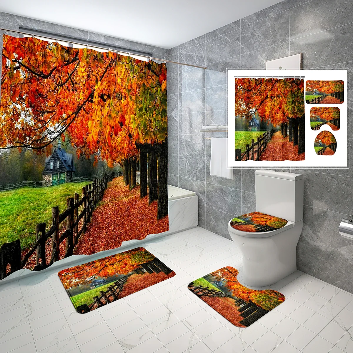 Autumn Theme Shower Curtain Sets 4 Pcs Red Maple Leaf Tree and Path Non-Slip Bath Mat Toilet Cover Waterproof Shower Curtain Set