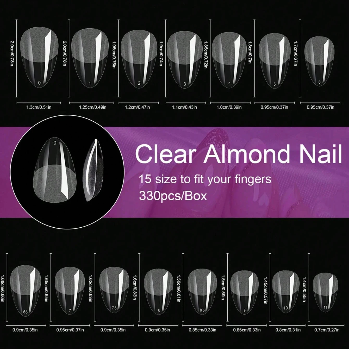 330Pcs/Box Almond Shaped Matte Acrylic Clear Fake Nails, 15 Sizes Carving Soft Gel Quick Extension Nail Tips Kit, Press-On Artif